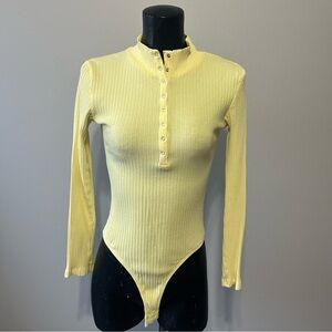 Zara Lemon Yellow Ribbed Long Sleeve Snap Button Bodysuit Mock Neck